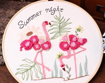 Pink Flamingo Gift Tropical Needlework DIY Embroidery Set Modern Hoop Art Kit
