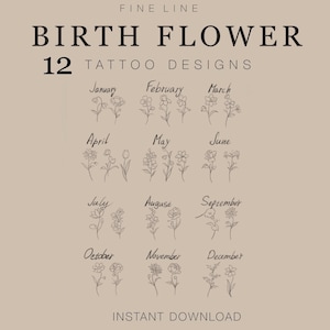 Może przedstawiać: Cyfrowa grafika z tekstem FINE LINE BIRTH FLOWER 12 TATTOO DESIGNS. Poniżej tekstu znajduje się dwanaście zestawów czarnych ilustracji kwiatowych wykonanych liniami, każda oznaczona miesiącem od stycznia do grudnia, kończąca się napisem INSTANT DOWNLOAD.