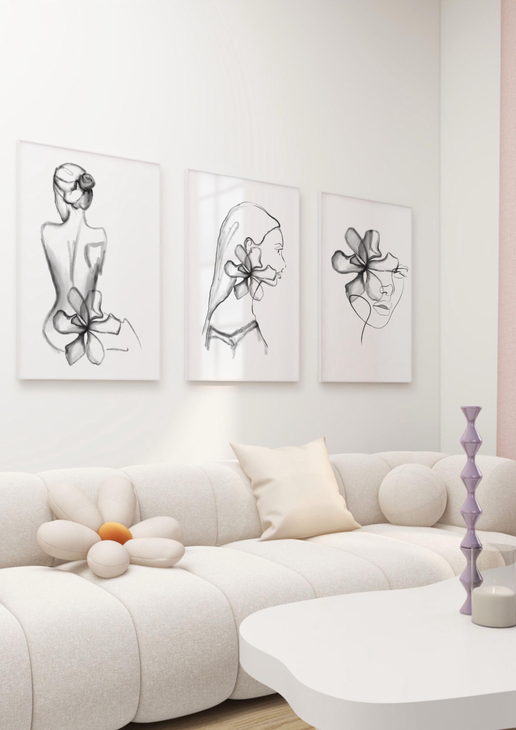 Neutral Line Art Set, Minimalist Woman Botanical Print, Modern Bedroom ...