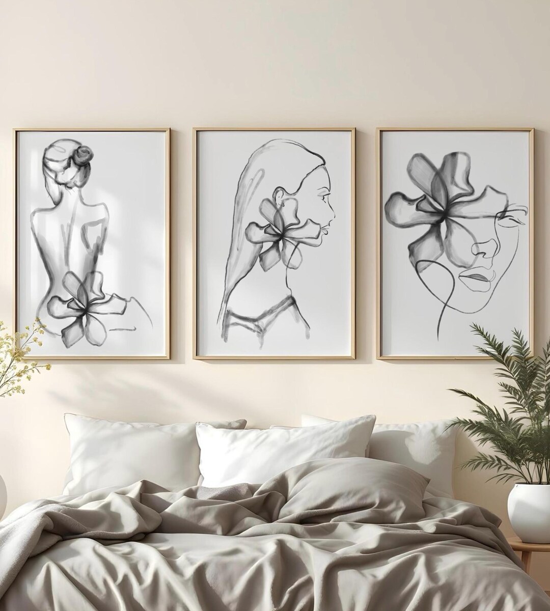 Neutral Line Art Set, Minimalist Woman Botanical Print, Modern Bedroom ...