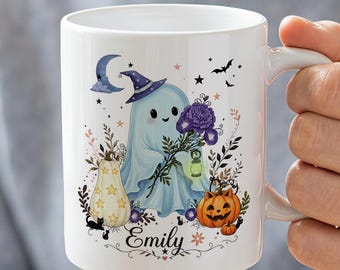 Gepersonaliseerde spookmok met naam, schattige Halloween-koffiemok op maat, Halloween-mok voor spookliefhebbers, griezelig schattig herfstdrinkgerei