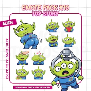 May include: A digital art pack featuring ten different cartoon alien emotes from Toy Story. The green aliens are in various poses and expressions, including winking, holding a heart, and crying. The text "EMOTE PACK X10 TOY STORY" is at the top.