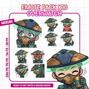 May include: A digital art pack of Overwatch-themed emotes. The emotes feature a character with a mask and hat, expressing various emotions. The text "EMOTE PACK X10 OVERWATCH" and "READY-TO-USE TWITCH & DISCORD EMOTES" are visible.