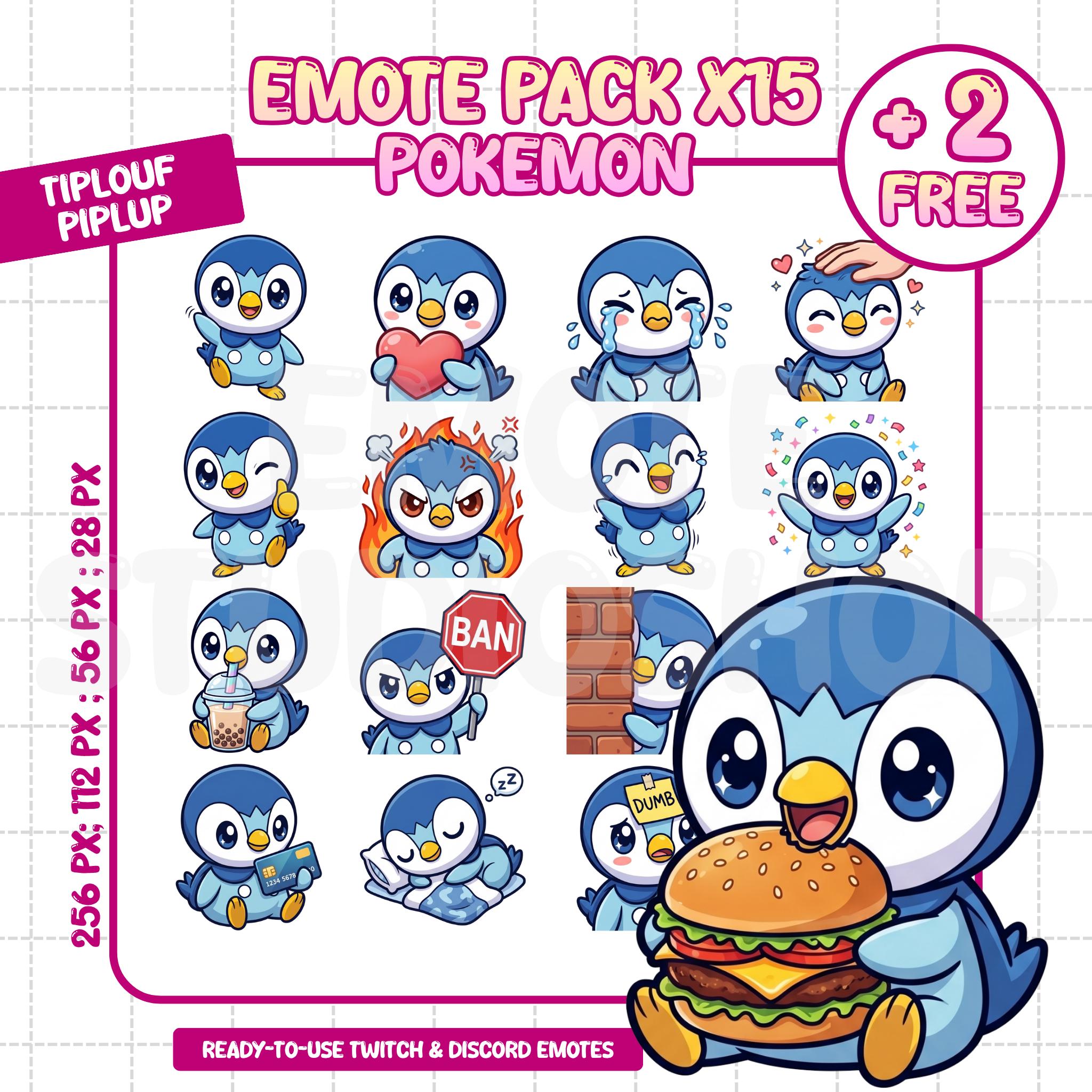 Piplup Pokemon Emote Pack x17 | Cute Emotes for Twitch and Discord | 256px 112px 56px 28px