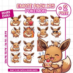 Peut inclure: Ensemble de 17 emotes sur le thème d'Évoli pour Twitch et Discord. Les emotes présentent diverses expressions et actions, notamment tenir un cœur, pleurer, faire un clin d'œil et porter des lunettes de soleil. Le texte "EMOTE PACK X15 + 2 GRATUIT" est affiché en haut.