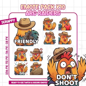 May include: A set of ten digital emotes featuring a cartoon rooster wearing a cowboy hat. The emotes display various expressions, including friendly, angry, crying, and surprised. Text includes "EMOTE PACK X10 ARC RAIDERS", "FRIENDLY", "GG", and "DON'T SHOOT".