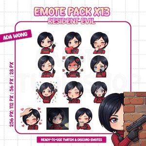 May include: A set of 13 digital emotes featuring Ada Wong from Resident Evil. Each emote displays a different emotion, ranging from joy to anger, and includes the text "EMOTE PACK X13 RESIDENT EVIL" and "READY-TO-USE TWITCH & DISCORD EMOTES". Ada Wong is shown with black hair and a red outfit.