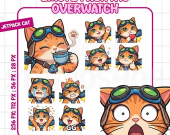 Jetpack Cat Overwatch Emote Pack x10 | Cute Chibi Emotes for Twitch & Discord PNG | 256px 112px 56px 28px