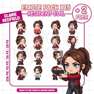 Peut inclure: Un pack d'emotes numériques comprenant 17 illustrations de style chibi de Claire Redfield de Resident Evil. Le personnage a des cheveux bruns en queue de cheval, des yeux bleus et porte une veste rouge. Texte inclus : EMOTE PACK X15 RESIDENT EVIL + 2 FREE.
