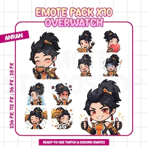Paquete de 10 emoticonos de Anran para Overwatch | Emotes chibi para streaming | Emoji PNG para Discord | 256px 112px 56px 28px