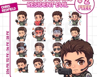 Chris Redfield Resident Evil Emote Pack x17 | Chibi Cute Emotes | Twitch & Discord Emoji PNG | 256px 112px 56px 28px
