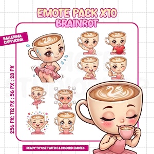 May include: A digital art pack featuring ten cartoon emotes. Each emote depicts a coffee cup with a ballerina design, with various expressions and poses. The text "EMOTE PACK X10 BRAINROT" is at the top, with "BALLERINA CAPPUCINA" on the left.