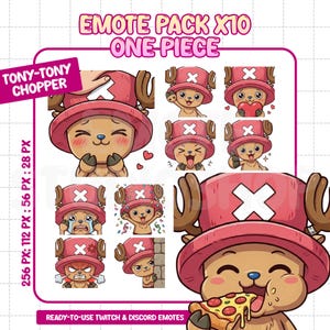 Op de afbeelding: Een verzameling van tien Tony-Tony Chopper emotes uit One Piece. Elke emote toont Chopper met verschillende uitdrukkingen, met een roze hoed met een wit kruis. De tekst "EMOTE PACK X10 ONE PIECE" staat bovenaan.