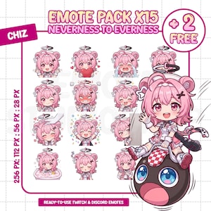 Puede incluir: Un paquete de emotes digitales con 17 ilustraciones de personajes estilo chibi con cabello rosa y orejas de oso. El texto dice EMOTE PACK X15 NEVERNESS TO EVERNESS + 2 FREE. El personaje muestra varias expresiones como alegría y tristeza.