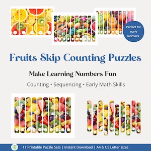 Pode incluir: Quebra-cabeças educativos imprimíveis com imagens de frutas coloridas. O texto diz "Fruits Skip Counting Puzzles" e "Make Learning Numbers Fun." Inclui contagem, sequenciamento e habilidades matemáticas iniciais. Disponível nos tamanhos A4 e US Letter.