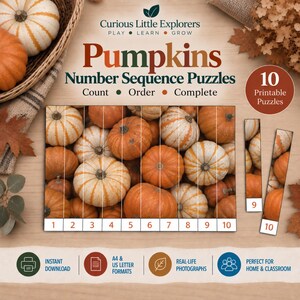 Peut inclure: Un ensemble éducatif imprimable intitulé Curious Little Explorers Pumpkins Number Sequence Puzzles. Il comprend 10 puzzles avec des images de citrouilles orange et blanches, numérotés de 1 à 10, pour compter, ordonner et compléter.