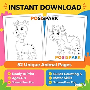 May include: Two printable animal connect-the-dot pages featuring a giraffe and a cow, with the text "POSISPARK." The image also includes the text "52 Unique Animal Pages," and "Ready to Print," "Ages 4-8," and "Screen-Free Fun."