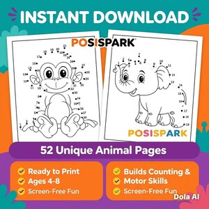 Peut inclure: Téléchargement numérique avec deux pages d'animaux à relier par points : un singe et un éléphant. Les pages sont en noir et blanc et comprennent des numéros pour que les enfants puissent les relier. Le texte "TÉLÉCHARGEMENT INSTANTANÉ" est également inclus.