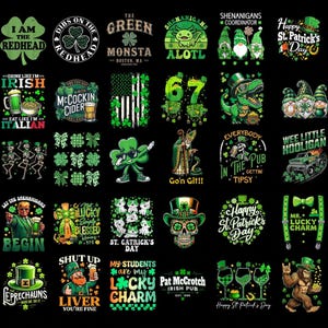 Può includere: Una collezione di grafiche a tema San Patrizio su sfondo nero. I disegni includono trifogli, folletti, birra e testi umoristici come "I am the redhead" e "Shut up liver, you're fine."