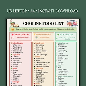 Puede incluir: Una lista de alimentos con colina imprimible con categorías para granos refinados, proteínas magras, verduras, frutas, fuentes animales y fuentes de proteínas vegetales. La guía está codificada por colores para opciones altas, moderadas y bajas en colina.