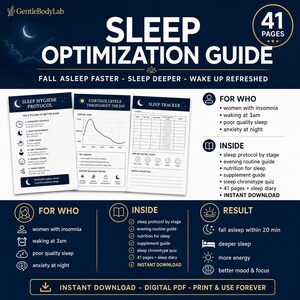 May include: A 41-page digital Sleep Optimization Guide PDF featuring a Sleep Hygiene Protocol, Cortisol Levels chart, and Sleep Tracker. The dark blue document includes sections for insomnia, sleep quality, and evening routines for better rest.