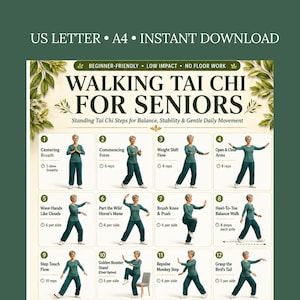 Walking Tai Chi For Seniors Beginners | Standing Tai Chi Steps Exercise Chart  Printable |  Balance Stability Workout | Fitness Planner PDF