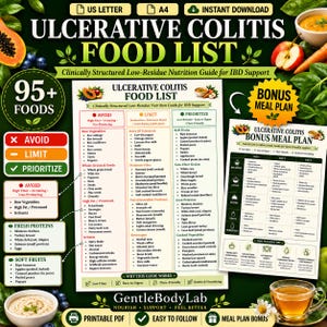 May include: A digital printable guide titled Ulcerative Colitis Food List and Bonus Meal Plan. The document features categorized columns for foods to avoid, limit, and prioritize, alongside a three-day meal plan for IBD support.