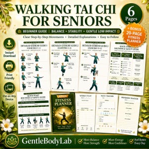 Gång Tai Chi för seniorer, nybörjare | Utskrivbart övningsschema för stående Tai Chi-steg | Balans- och stabilitetsträning | Träningsplanerare i PDF-format