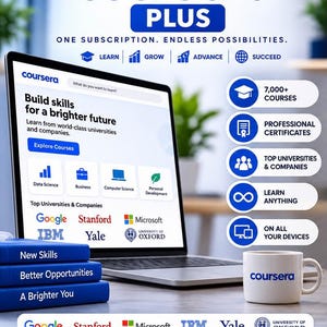 以下が含まれることがあります： Coursera Plusのウェブサイトを表示したノートパソコン。画面にはBuild skills for a brighter futureの文字がある。横にはNew Skills、Better Opportunities、A Brighter Youと書かれた3冊の青い本と、Courseraのロゴが入った白いマグカップが置かれている。