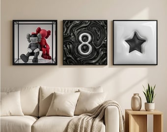 KAWS Poster 3er Set, Hypebeast Dekor, Pop Art Prints, Digital Download Poster Set