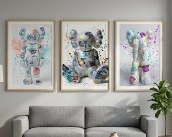 KAWS Wall Art Set of 3,Hypebeast Decor Poster,Graffiti Art Print,Pop Art Digital Download,Modern Room Decor