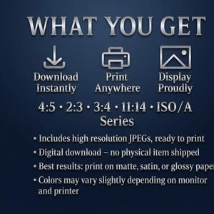 May include: A navy blue graphic with the text "WHAT YOU GET" at the top. Below are icons and text: "Download Instantly", "Print Anywhere", and "Display Proudly". The image also lists various aspect ratios and includes details about the digital download.