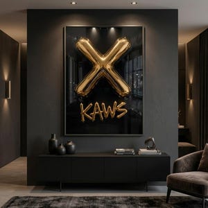 May include: A framed artwork featuring a gold balloon sculpture in the shape of an X, with the word "KAWS" below. The artwork is set against a dark background, mounted above a black cabinet with decorative vases and books.