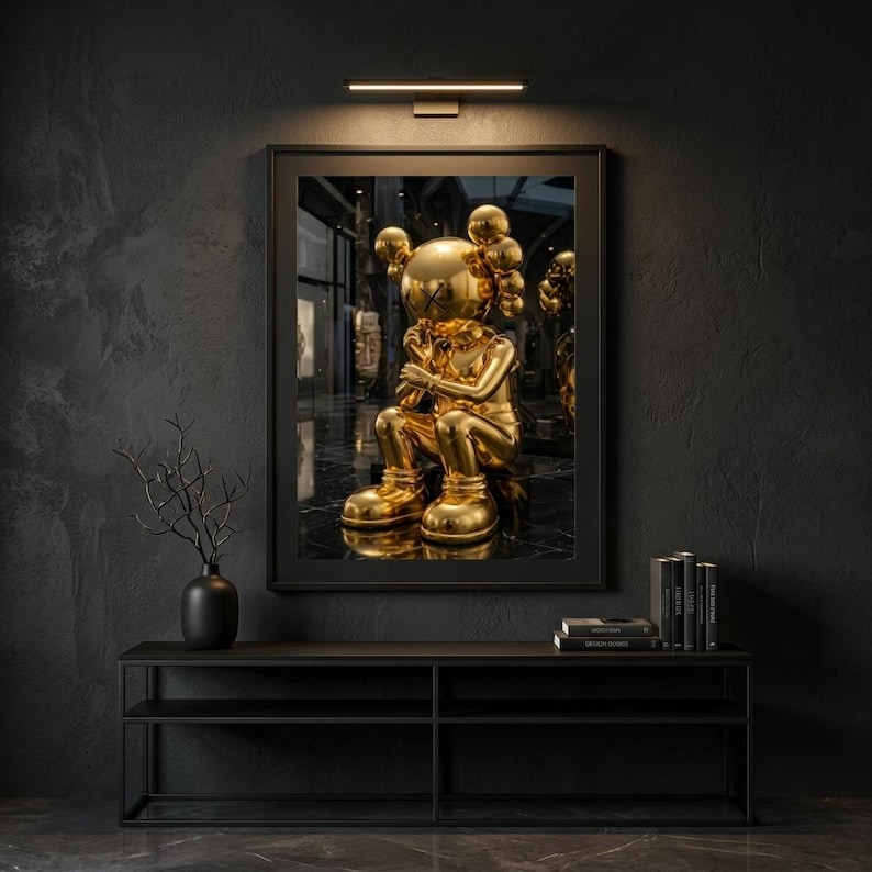 May include: A framed artwork showing a gold sculpture of a seated figure with a unique head shape. The artwork is displayed on a dark wall above a black console table. A black vase with a decorative branch and books are also visible.