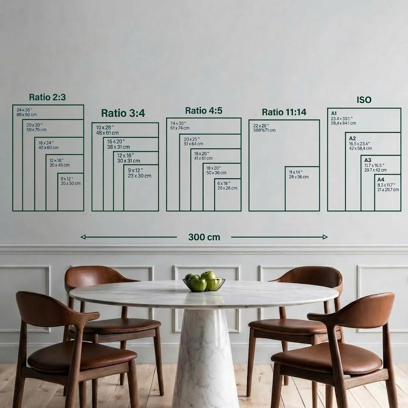 May include: A wall displaying green framed diagrams of aspect ratios and ISO paper sizes. Below, a white marble table with a fruit bowl is surrounded by four brown wooden chairs. The diagrams include measurements in cm.
