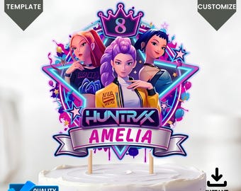 Decorazione per torta KPop Demon Hunters, Huntrix modificabile in formato Canva PNG, decorazioni per torte e cupcake di compleanno, decorazioni per feste, download digitale immediato