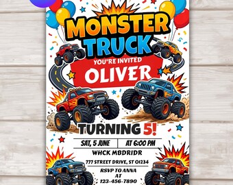 Monster Truck Birthday Invitation, Editable Canva Template, Truck Party Invite for Boys, 5x7 Printable Birthday Invitation, Digital Download