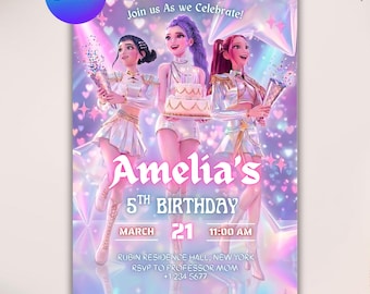 Kpop Demon Hunters Birthday Invitation, Editable Canva Template, Girls Kids Party Invite, Anime Theme Printable 5x7 Card, Digital Download