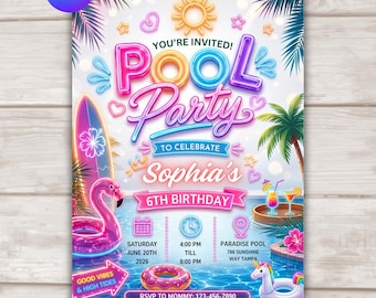 Pool Party Birthday Invitation, Editable Canva Template, Kids Neon Swimming Pool Party Invite, Summer Birthday Invitation, Instant Download
