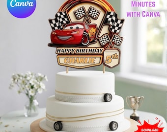 Editable Lightning McQueen Cake Topper, Personalized Cars Birthday Decoration, Custom Name Canva Template, Instant Digital Download