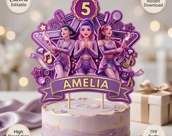 K-Pop Demon Hunter Cake Topper | Editable Anime Warrior Girl Group PNG | Birthday Party Decoration | Canva Template Digital Download