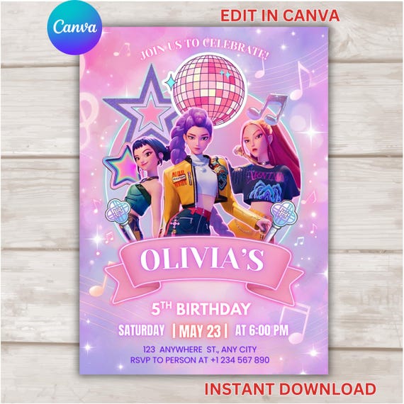 Kpop Demon Hunters Birthday Invitation, Editable Girls Kids Kpop Party Invite, Music Birthday Invite, Kpop Style Birthday Invitation