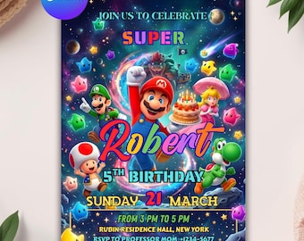 Mario Galaxy Birthday Invitation | Outer Space Party Invite | Boys Gaming Party card | Instant Download, Editable Canva Template (5x7 in)
