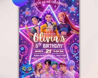 Kpop Demon Hunters Birthday Invitation, Editable Canva Template, Anime Kids Party Invite, Printable 5x7 Card, Instant Digital Download