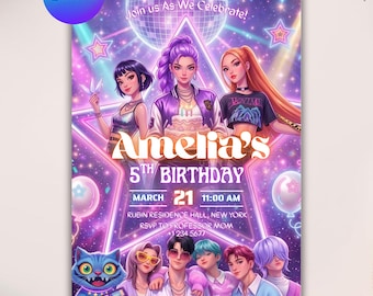 Kpop Demon Hunters Birthday Invitation Template | Editable Canva Template | Kpop Anime Invite | Digital Download | Printable Card for Kids