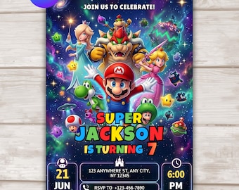Super Mario Galaxy Birthday Invitation, Outer Space Party Invite for Boys, 5x7Inch Editable Canva Template, Instant Digital Download