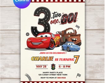 Lightning McQueen Birthday Invitation, Cars Theme Kids Party Invite, Editable Canva Template, Personalized Birthday Invite, Digital Download