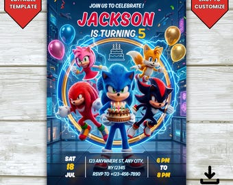 Sonic Geburtstagseinladung, bearbeitbare Kinderparty einladen, blaues Geschwindigkeitsheld-Thema, Canva-Vorlage 5x7, druckbarer sofortiger digitaler Download