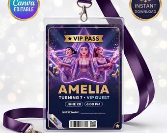 Pass VIP Kpop Demon Hunter / Badge identificativo Huntrix / Tessera VIP Kpop modificabile / Bomboniere per feste di compleanno / Pass per feste Kpop / Download digitali