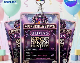 Demon Hunter Birthday VIP Pass, Editable Kpop Party Favor, Huntrix ID Badge Template, Printable VIP Card, Kids Party Pass, Digital Download